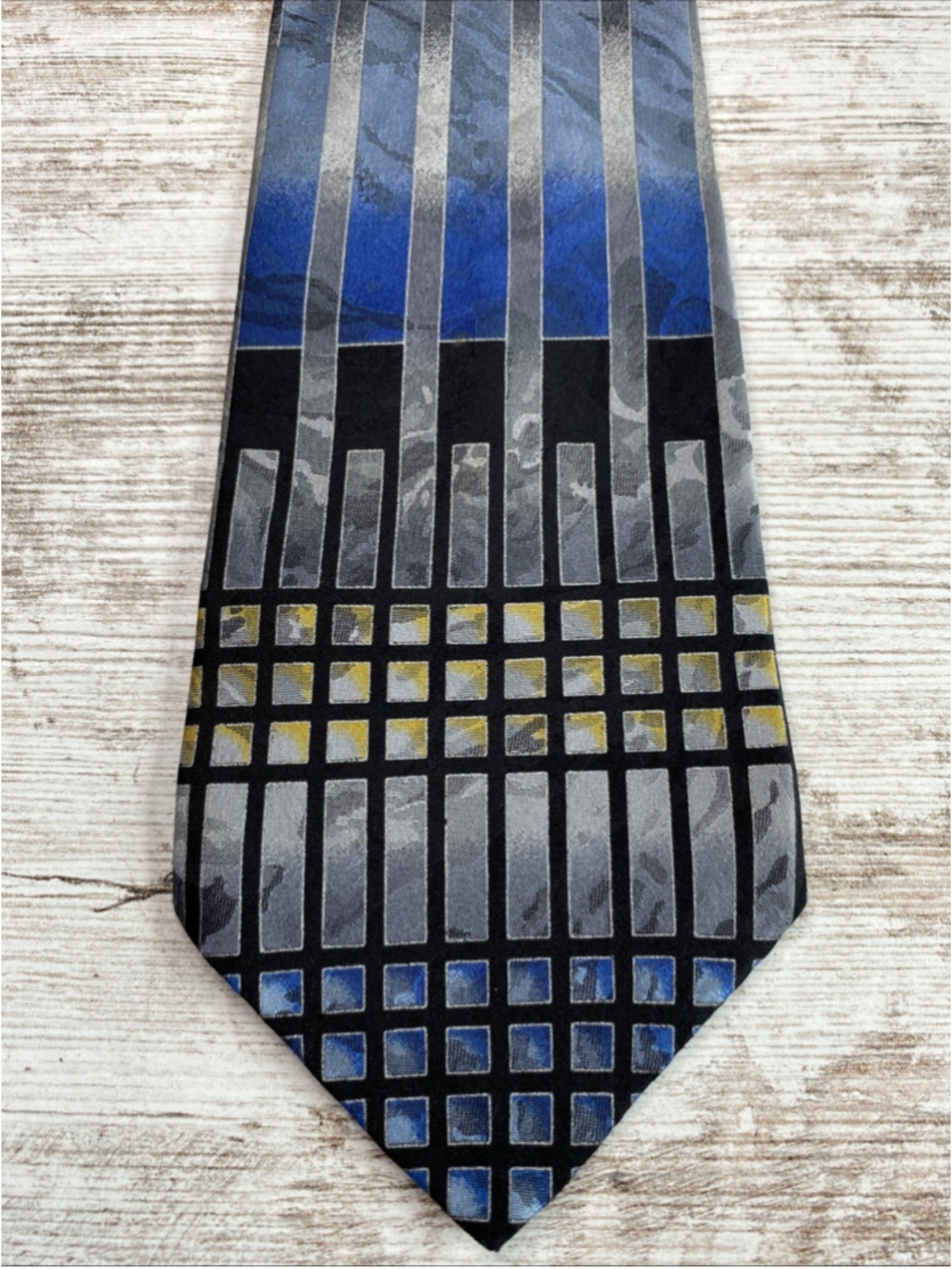 Vintage Zylos George Machado 100% Silk Extra Long Tie Gray Blue Geometric 64x4